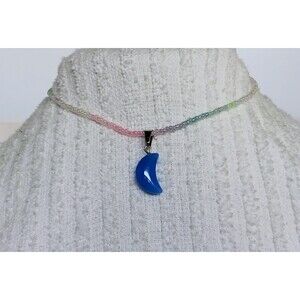 Blue Chalcedony Crescent Moon Pink & Blue Seed Bead Choker Necklace 13-15 in